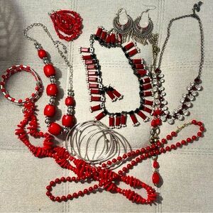 Red Jewelry Lot of 11. Necklaces, earrings and bangles. Some vintage some newer.